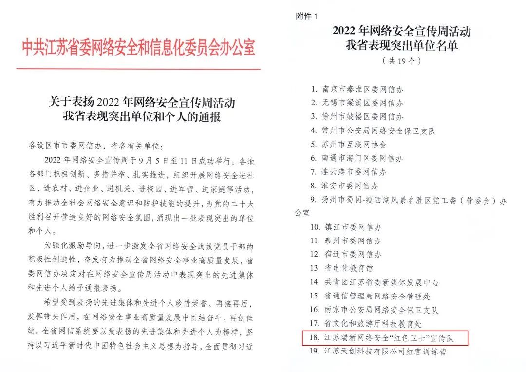 關(guān)于江蘇瑞新網(wǎng)絡(luò)安全“紅色衛(wèi)士”宣傳隊(duì)被江蘇省委網(wǎng)信辦評(píng)為2022年網(wǎng)絡(luò)安全周活動(dòng)表現(xiàn)突出單位的通報(bào)